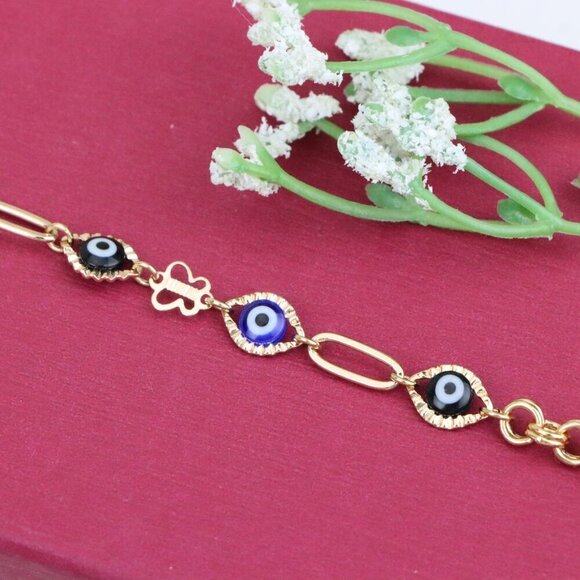 "Evil Eye Charm Rose Gold Bracelet with Butterfly Accent, XPBL1029 - Picture 2 of 13